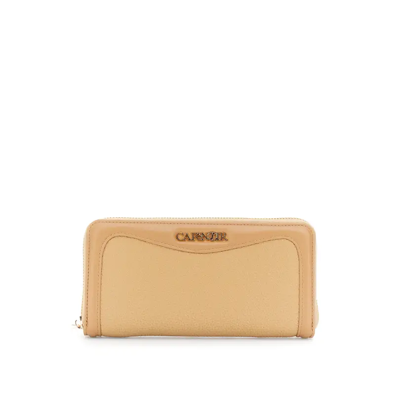 portafoglio effetto pelle con zip e lettering biscotto