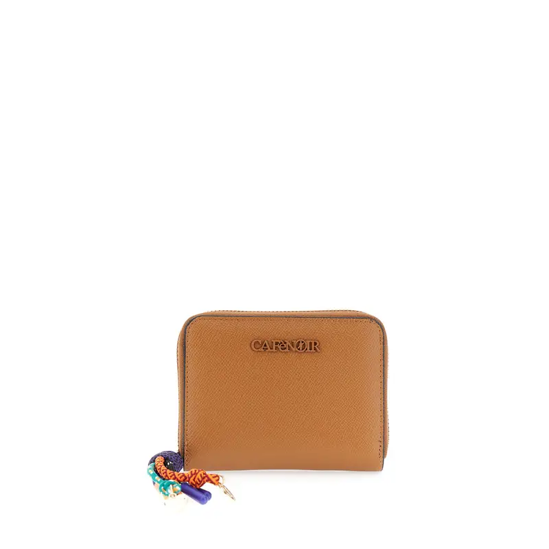 portafoglio effetto saffiano con logo e charms cuoio