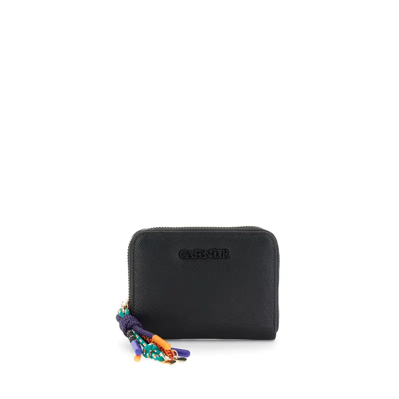 portafoglio effetto saffiano con logo e charms nero