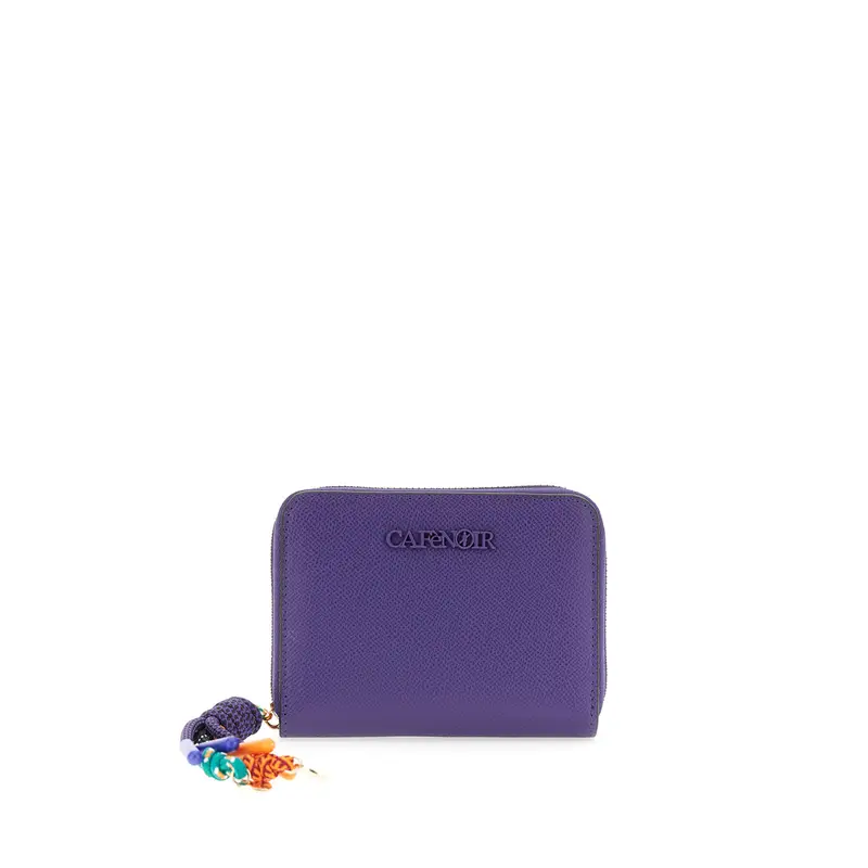 portafoglio effetto saffiano con logo e charms viola