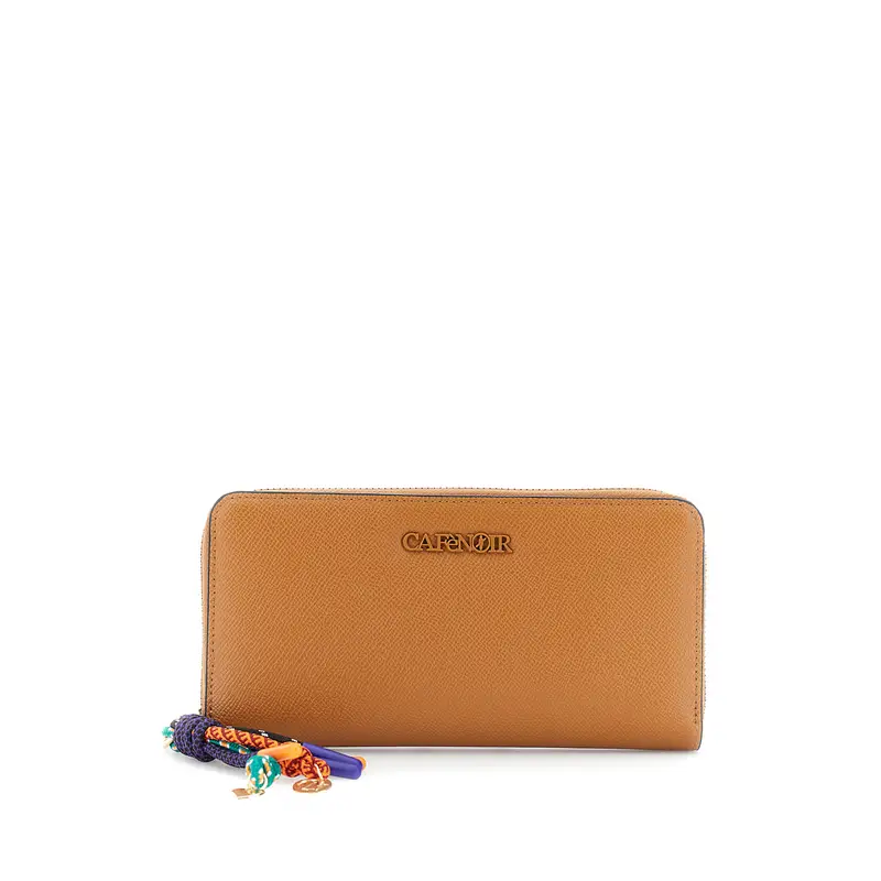 portafoglio saffiano con logo in tinta e charms cuoio