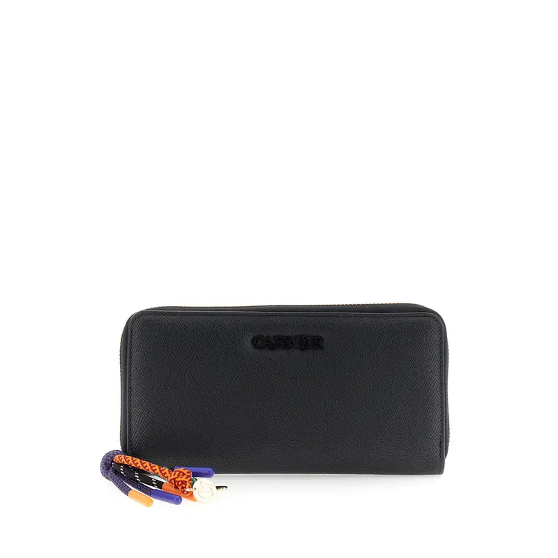 portafoglio saffiano con logo in tinta e charms nero