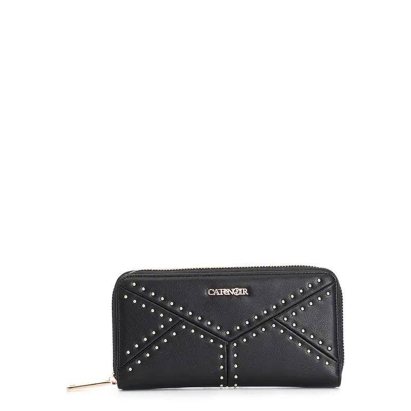 portafoglio zip round con lavorazione patchwork con applicazone di microrivetti nero