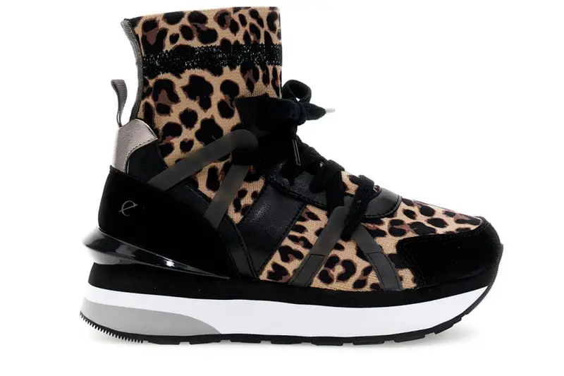 running tronchetti in tessuto elasticizzato nero/leopardo