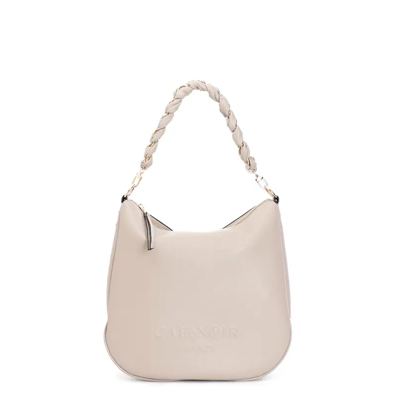 sacca con logo in rilievo e tracolla in catena intrecciata taupe