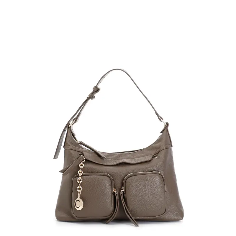 sacca con tasche e charm in metallo fango