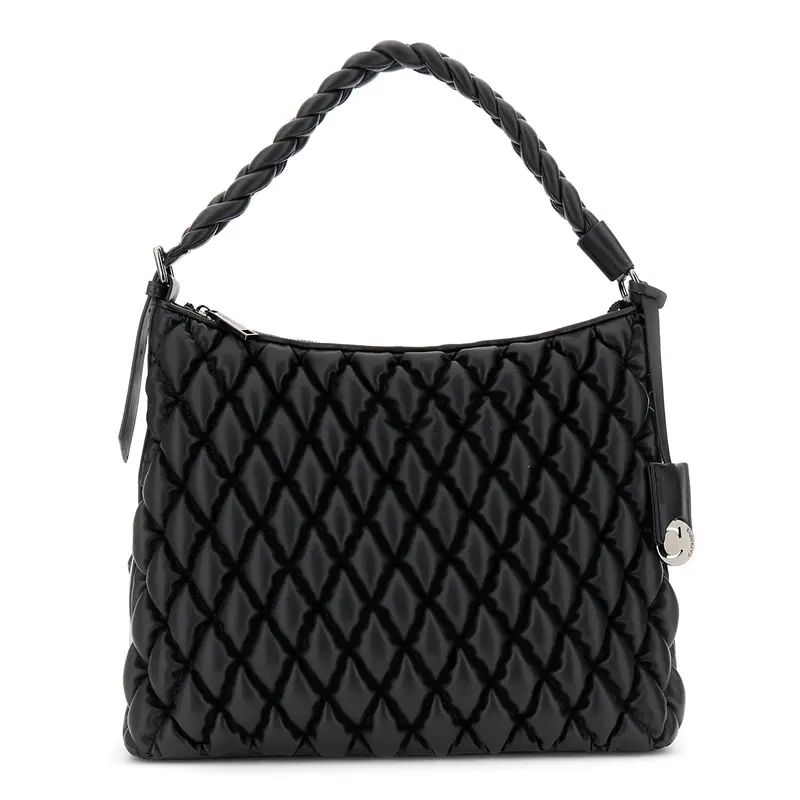 sacca effetto nappa con manico intrecciato e charm logato nero