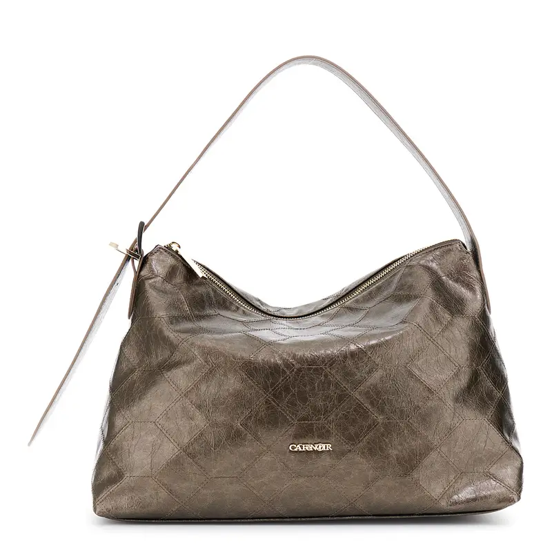 sacca effetto pelle metallizzato con ricamo geometrico bronzo