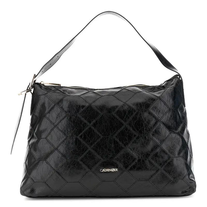 sacca effetto pelle metallizzato con ricamo geometrico nero