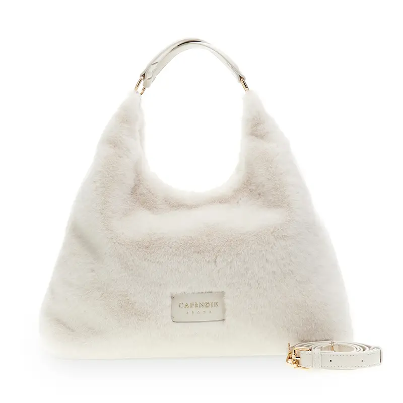 sacca in pelliccia sintetica con spallaccio e logo bianco