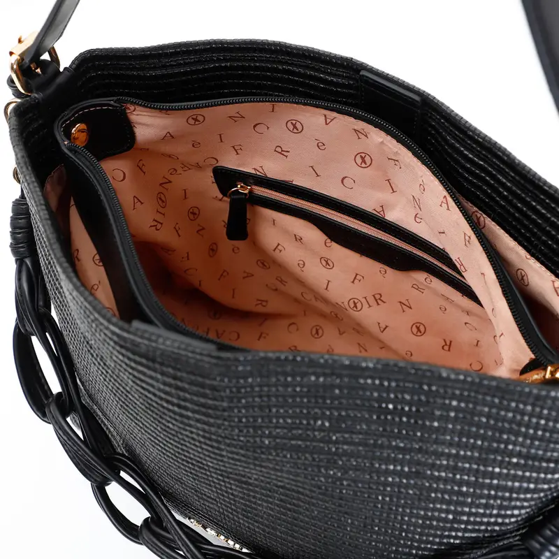 sacca in rafia con fibbie metalliche e catena morbida nero miniatura 2