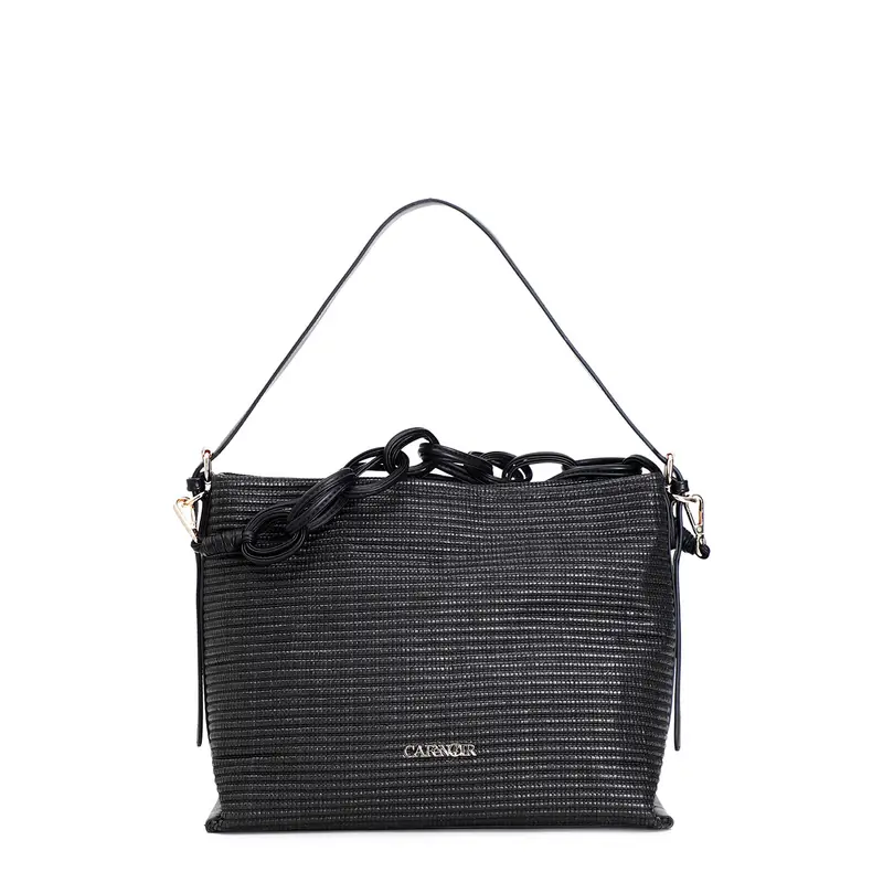sacca in rafia con fibbie metalliche e catena morbida nero