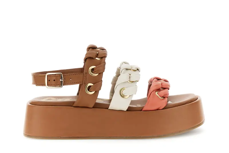 sandali 3 fasce in nappa con occhielli e infilatura multi corallo