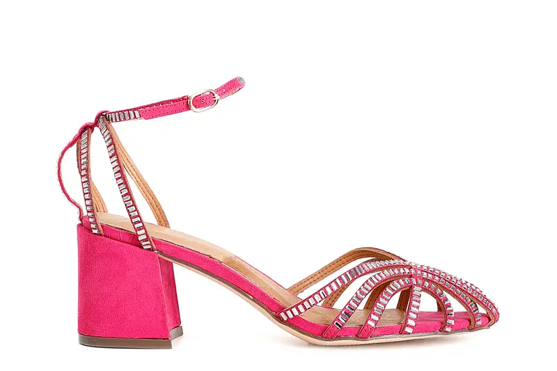 sandali a gabbia laccio alla caviglia in microfibra e strass fuxia