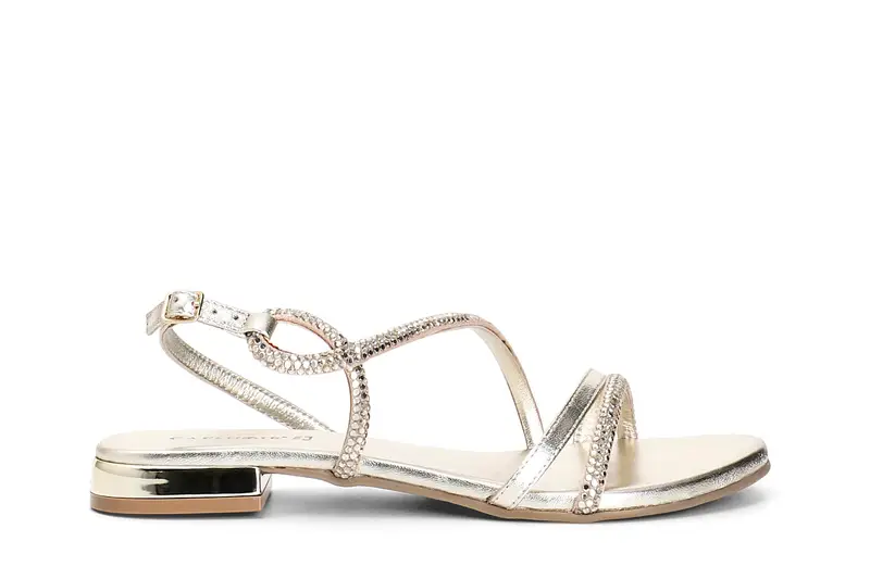 sandali asimmetrico con strass termosaldati oro