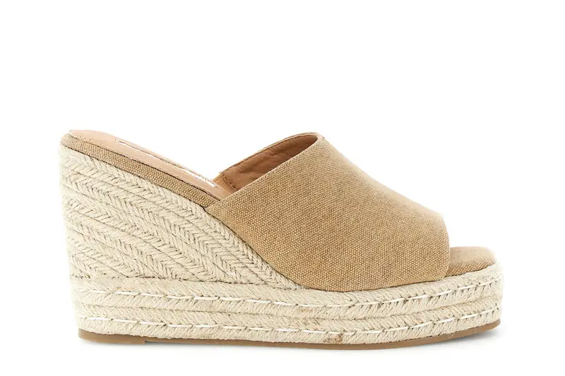 sandali ciabatta in canvas su fondo zeppa tabacco