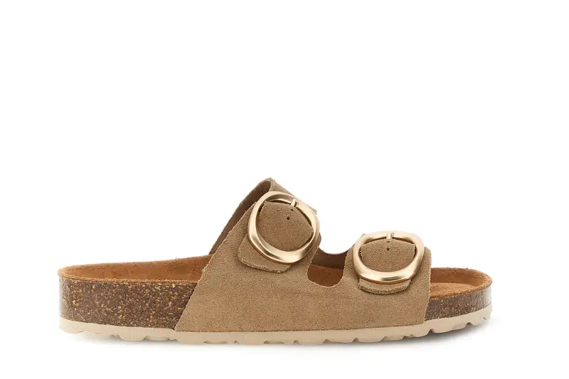 sandali ciabatta platform in pelle scamosciata con doppia fibbia taupe