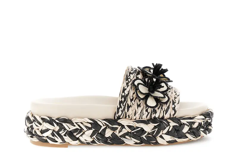 sandali ciabatta su zeppa fascia raffia con fiori nero