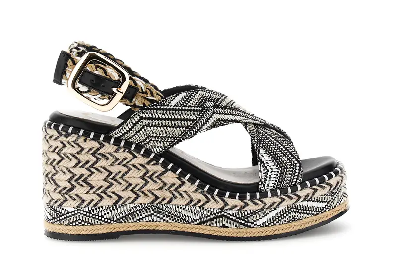 sandali con incrocio in tessuto su zeppa fasciata multi nero
