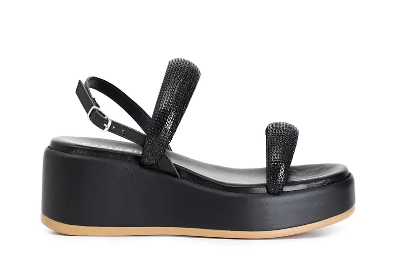 sandali con zeppa e doppia fascia con strass nero