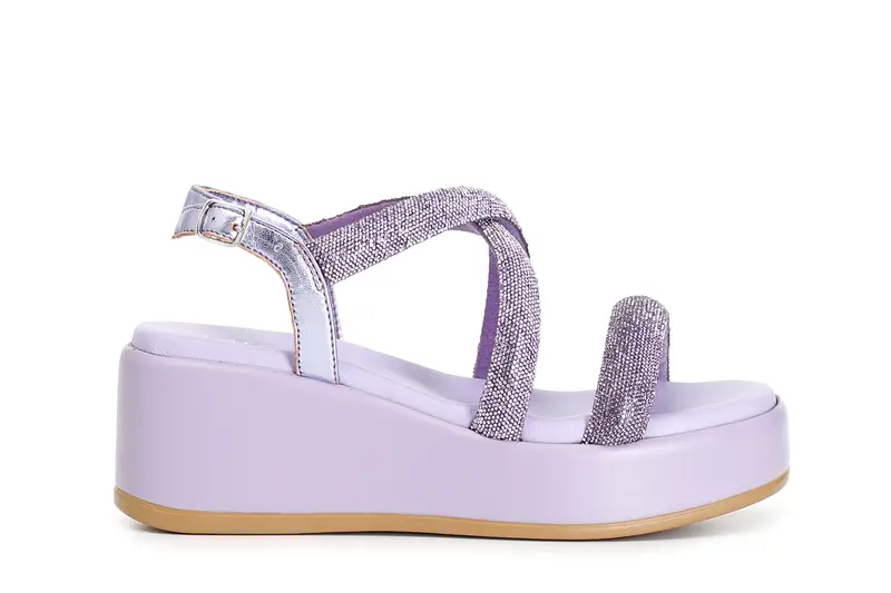 sandali con zeppa e fasce incrocio con strass lilla