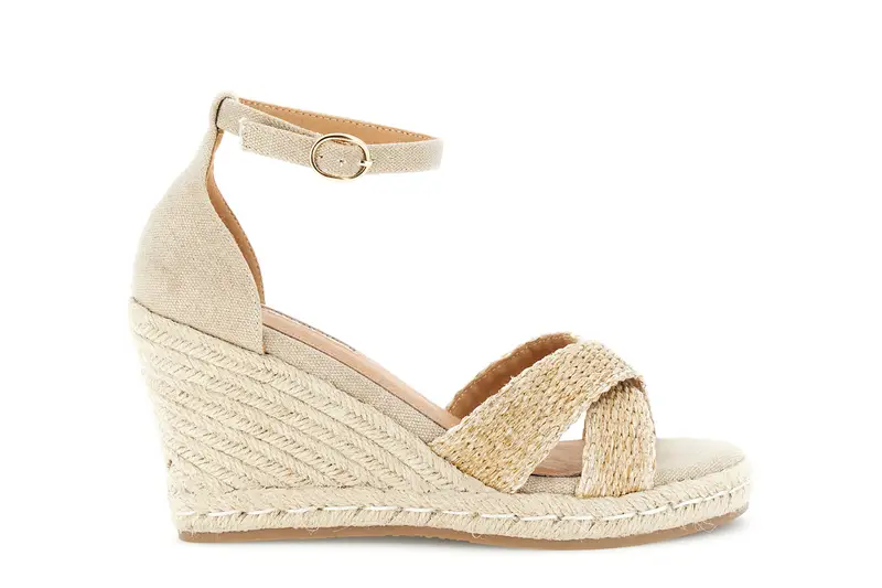 sandali con zeppa in rafia camel