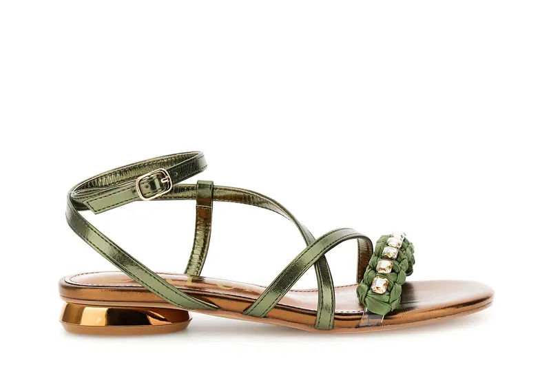 sandali effetto pelle laminata laccio caviglia e strass verde