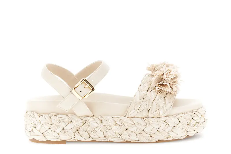 sandali gilda su zeppa fascia raffia con fiori beige