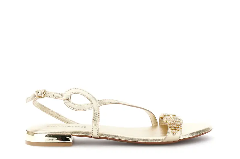 sandali in pelle con fascia e doppia fibbia strass oro