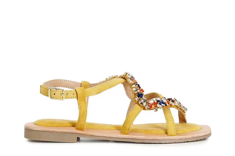 sandali in pelle scamosciata con accessorio gioiello giallo