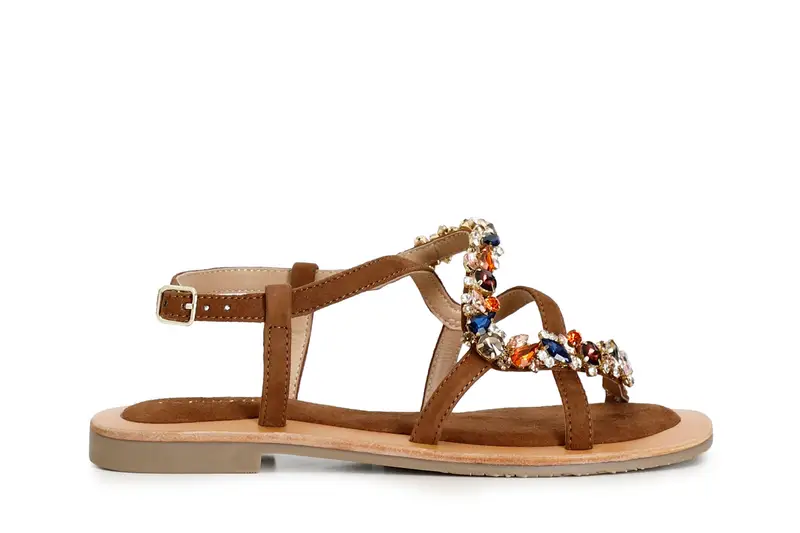 sandali in pelle scamosciata con accessorio gioiello marrone