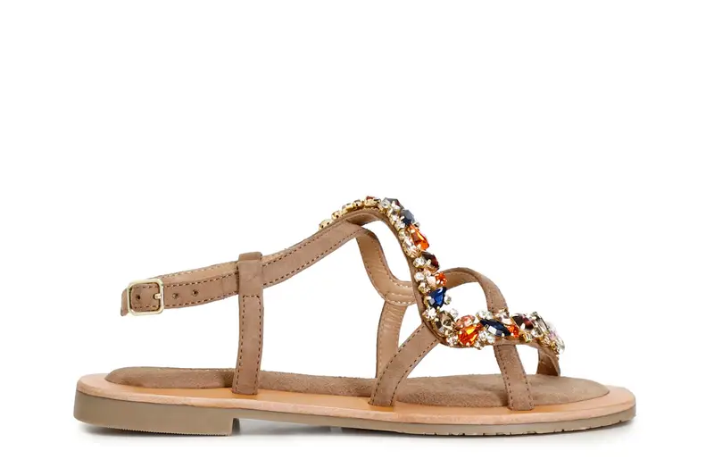 sandali in pelle scamosciata con accessorio gioiello taupe