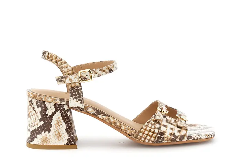 sandali in pelle stampa pitone con doppia fibbia e cinturino multi beige