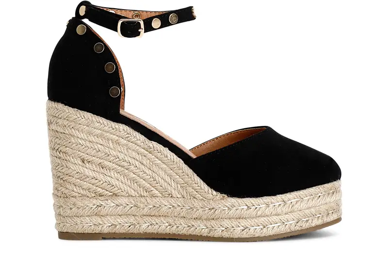 sandali in tessuto e zeppa in corda nero