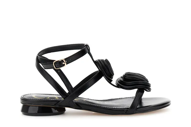 sandali laccio alla caviglia effetto pelle con applicazioni fiori nero