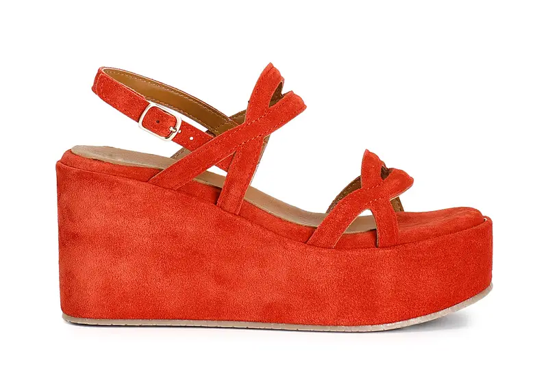 sandali zeppa in pelle scamosciata due incroci corallo