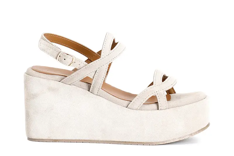 sandali zeppa in pelle scamosciata due incroci sabbia