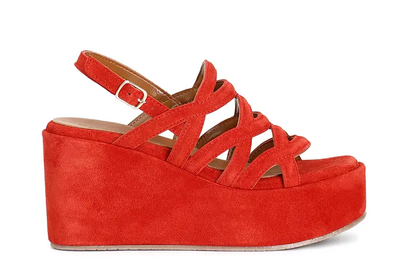 sandali zeppa in pelle scamosciata tre incroci corallo