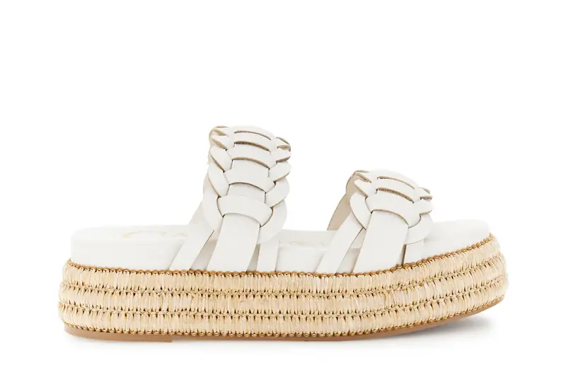 sandalo in sintetico effetto pelle due fasce con zeppa rafia off white