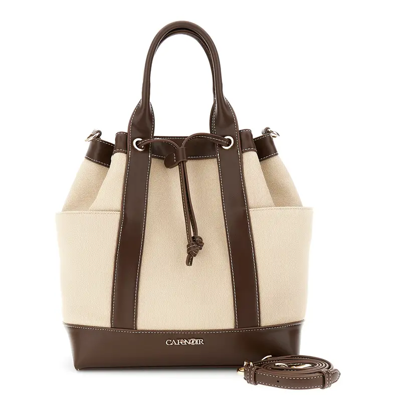 secchiello con manici effetto canvas con rifiniture in effetto pelle a contrasto moro/beige