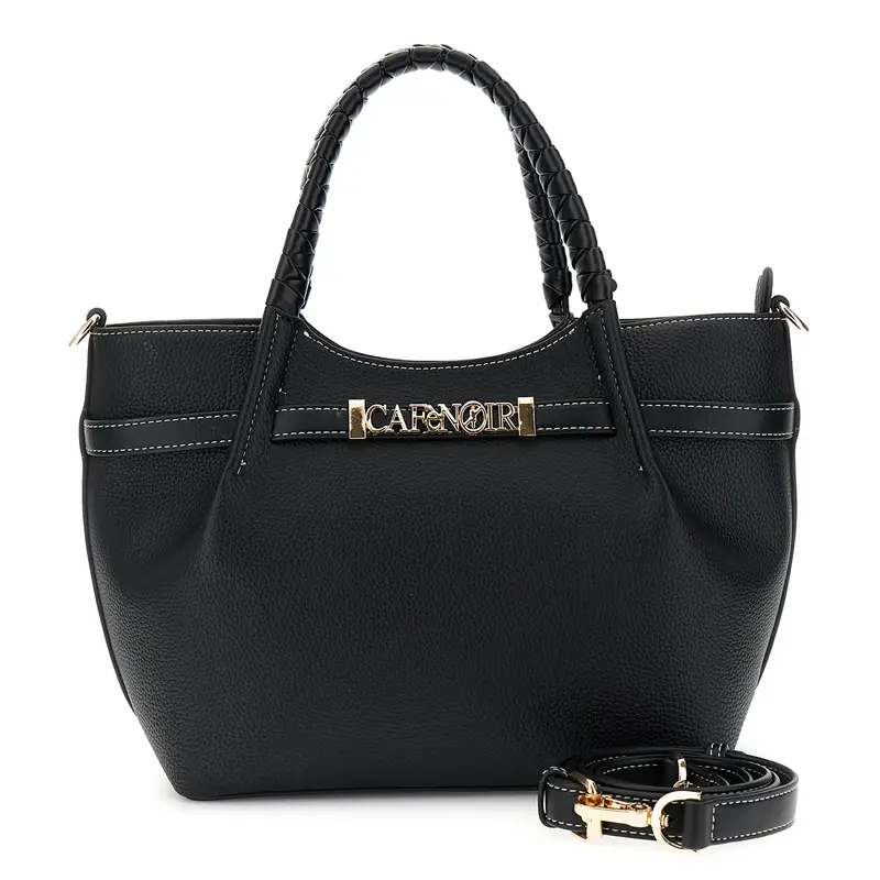 shopping bag con pieghe effetto pelle con grana e rifiniture in similpelle nero