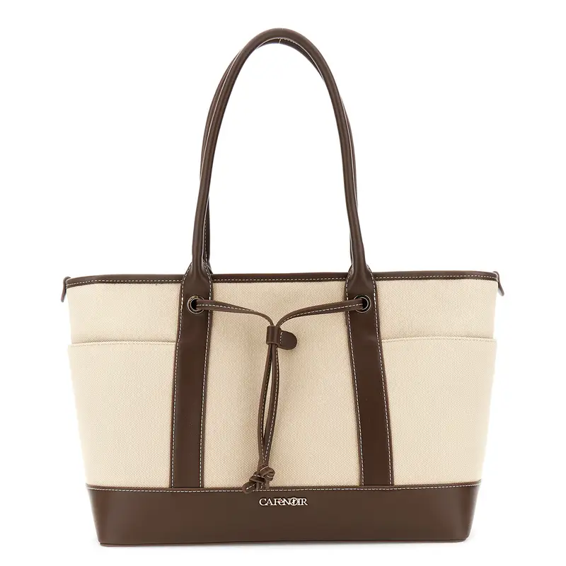 shopping bag effetto canvas con rifiniture in effetto pelle a contrasto moro/beige