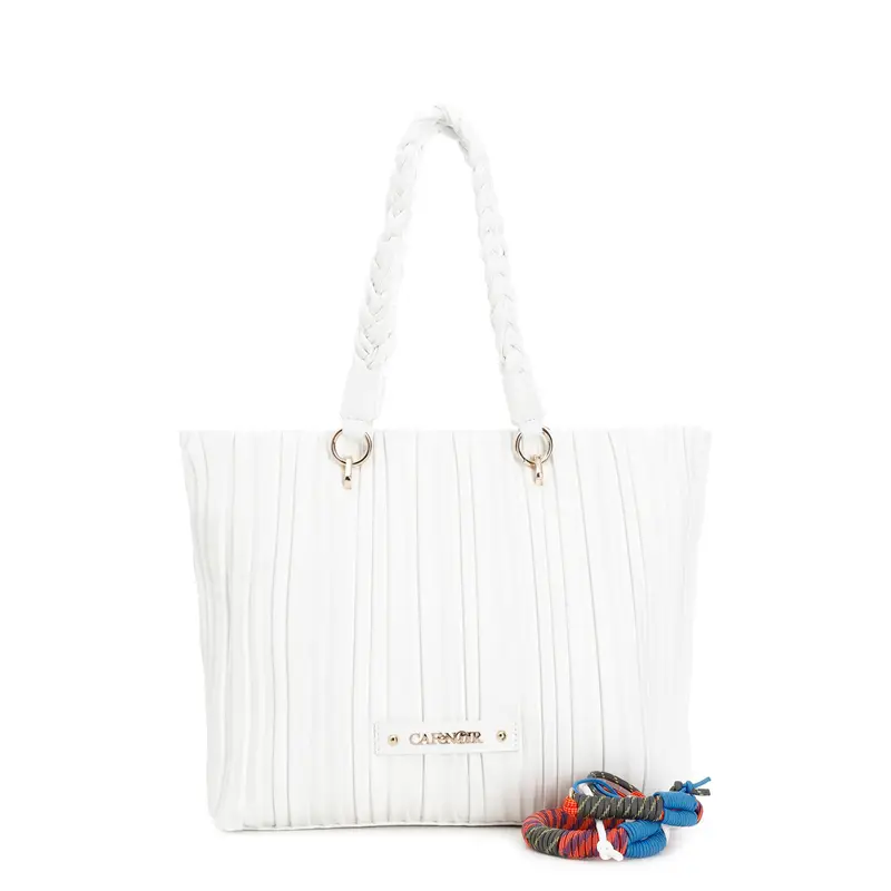 shopping bag plissettata con manici a treccia bianco