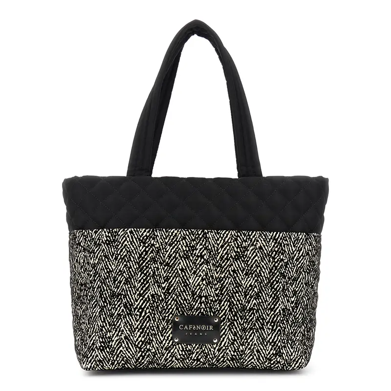 shopping bag trapuntata in nylon con stampa floccato avena/nero