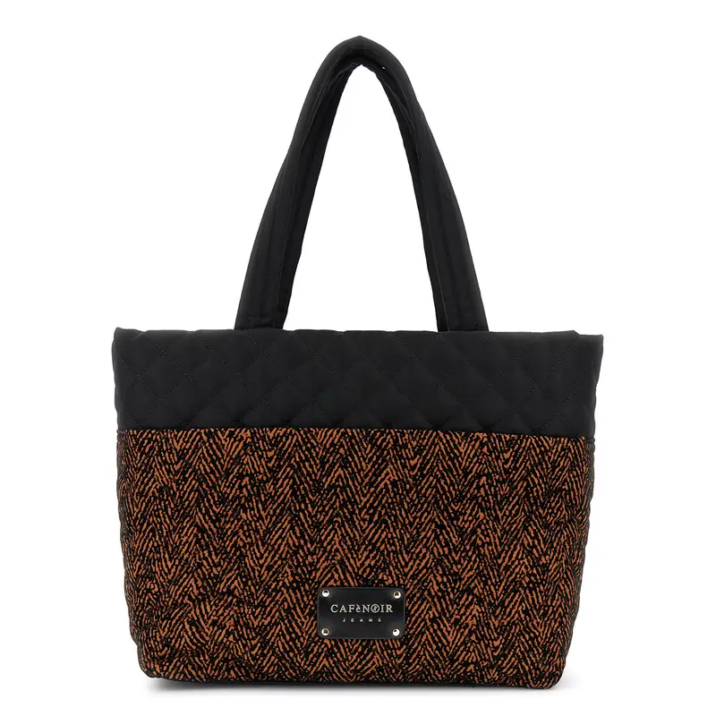 shopping bag trapuntata in nylon con stampa floccato caramello/nero