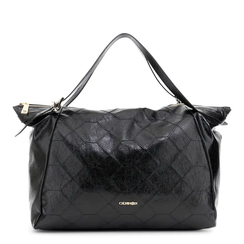 shopping effetto pelle metallizzato, ricamo geometrico nero