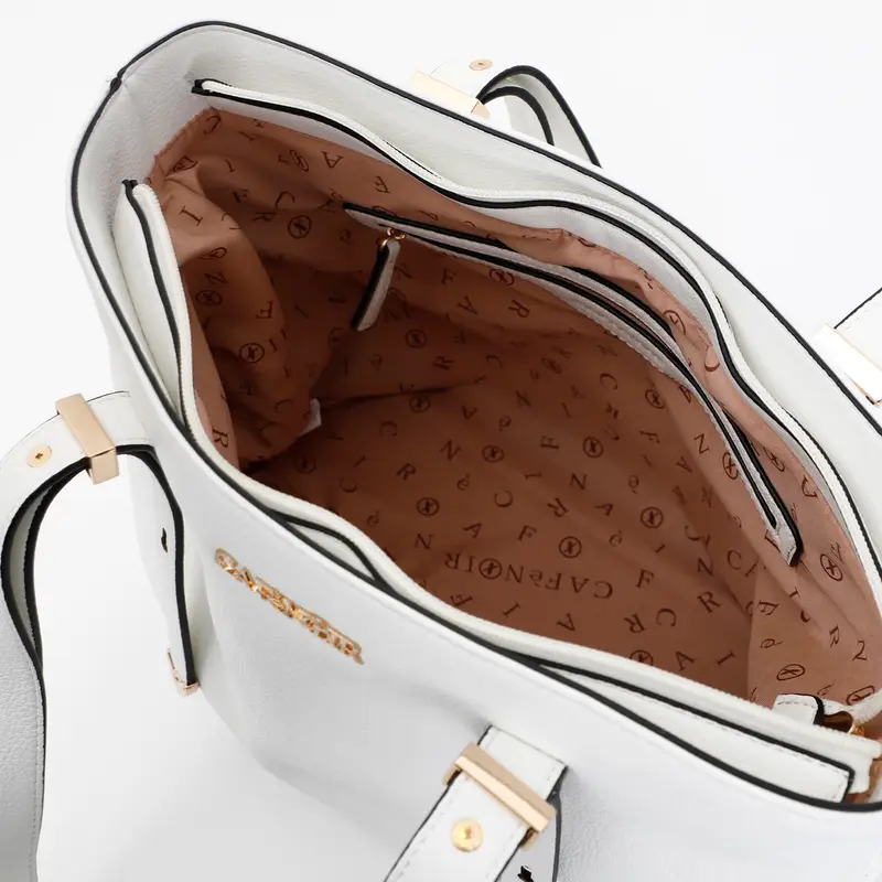 shopping rigida con chiusura zip in cima e manici tipo fibbia bianco miniatura 2