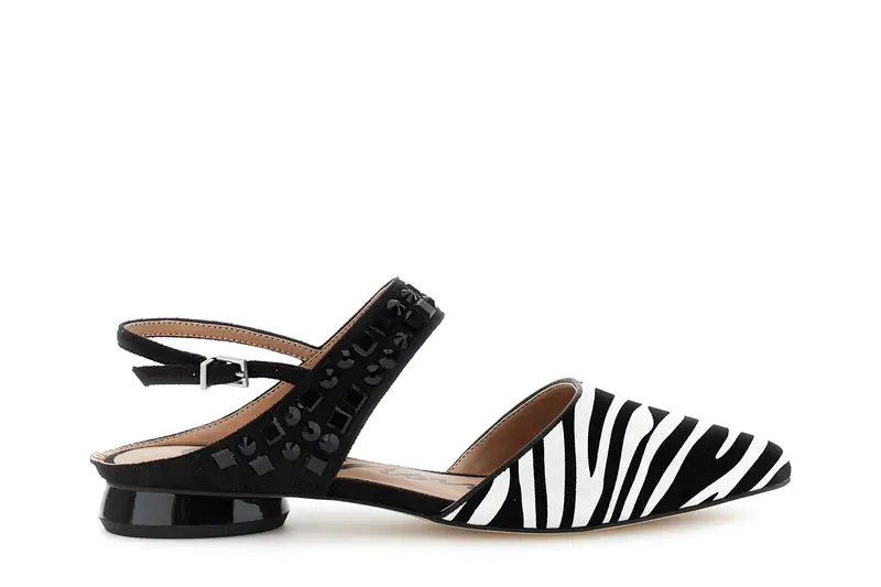 slingback in suede con stampa zebrata e multistrass nero/bianco