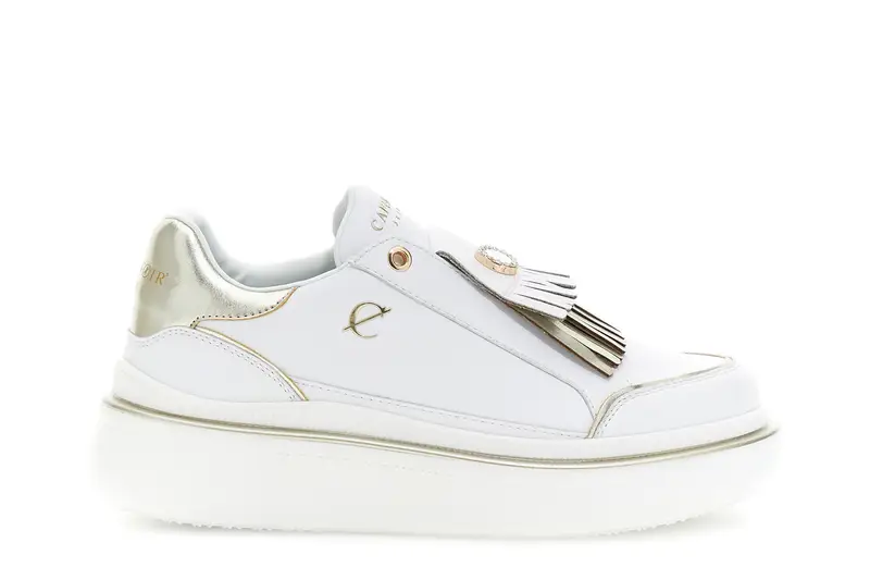 slip-on in pelle rivestita con dettaglio frange bianco/oro