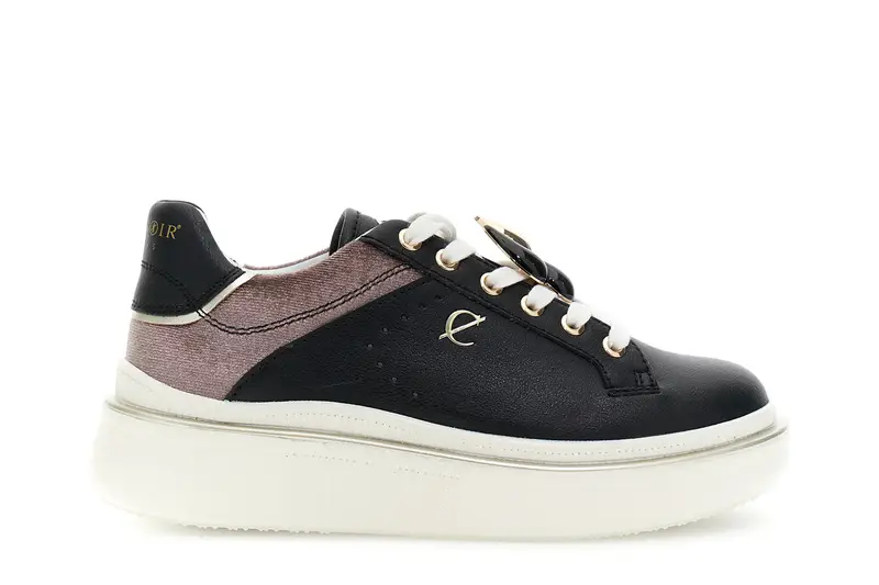 sneaker allacciata in pelle rivestita con inserto in velluto nero/taupe